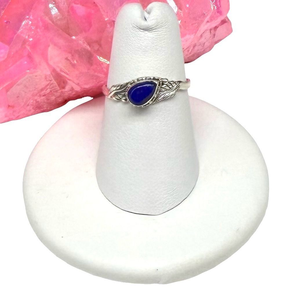 Lapis Lazuli Ring Size 6 Solid 925 Sterling Silver Etched Leaf Leaves